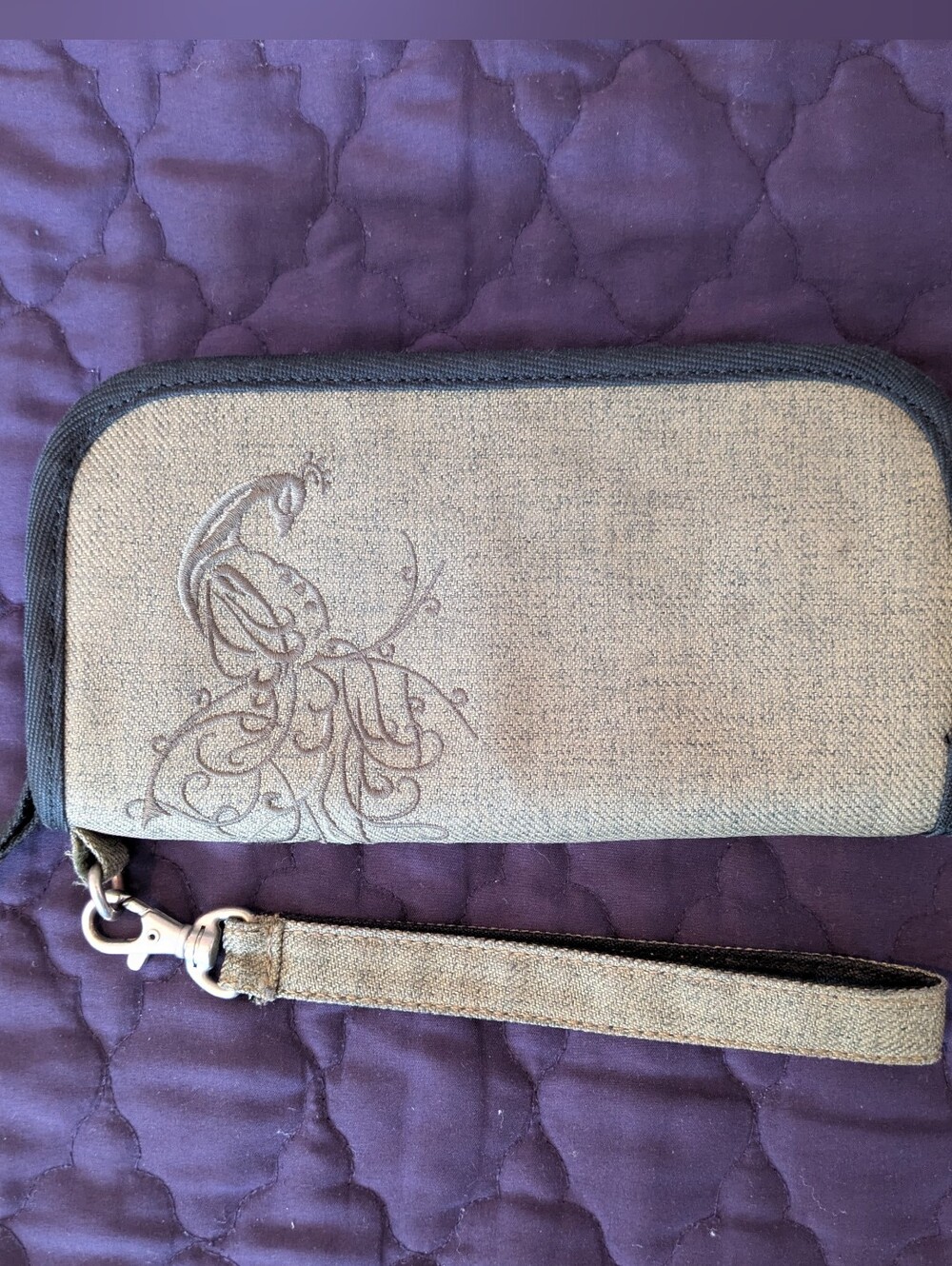 Green REI Zip-around Wristlet Wallet with Embroidered Peacock Motif